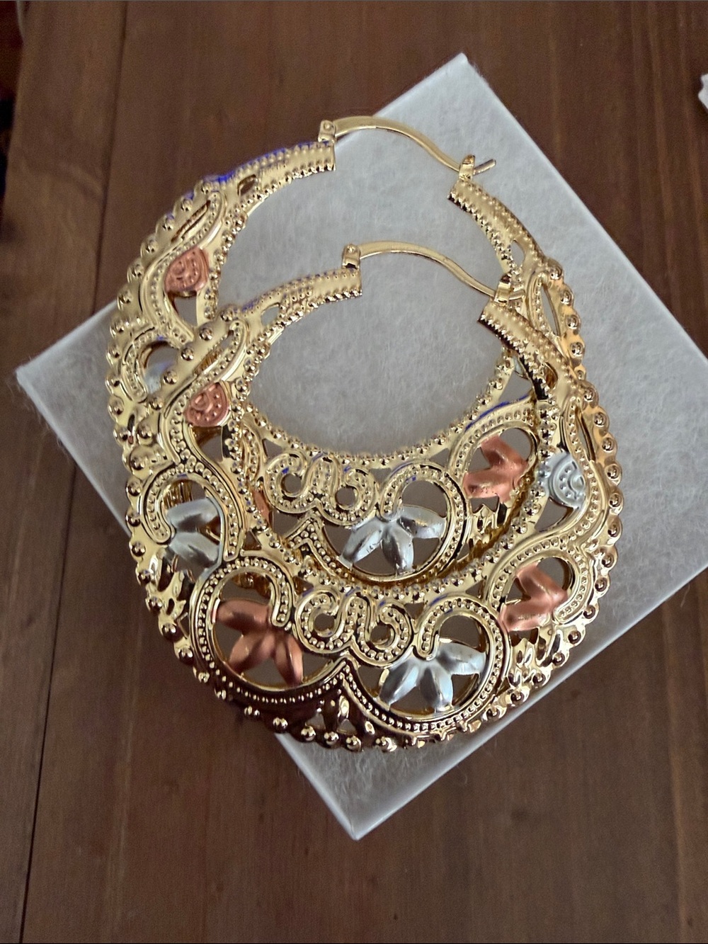 Plunder Tri-Tone Filigree Hoop Earrings in Gold, Rose, and Silver